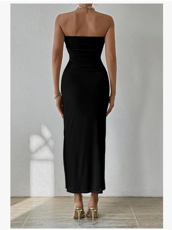 Strapless Black Bodycon Midi Dress - Sleek Evening Wear - Picture 2 of 9